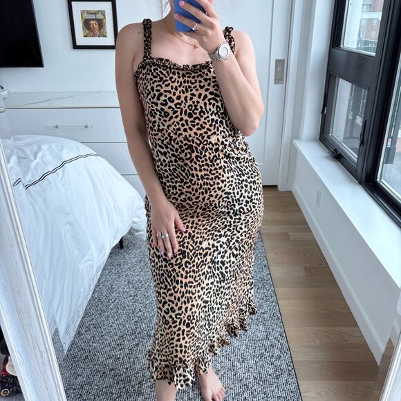 Faithfull The Brand Sleeveless Ruffle Trim Leopard Print Noemie Midi Dress 4 - Picture 1 of 9